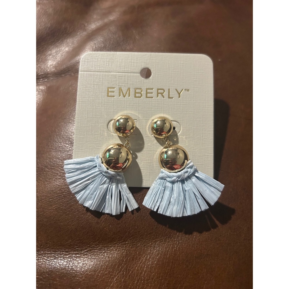 Emberly Gold Tone Light Blue Raffia Fan Tassel Drop Earrings